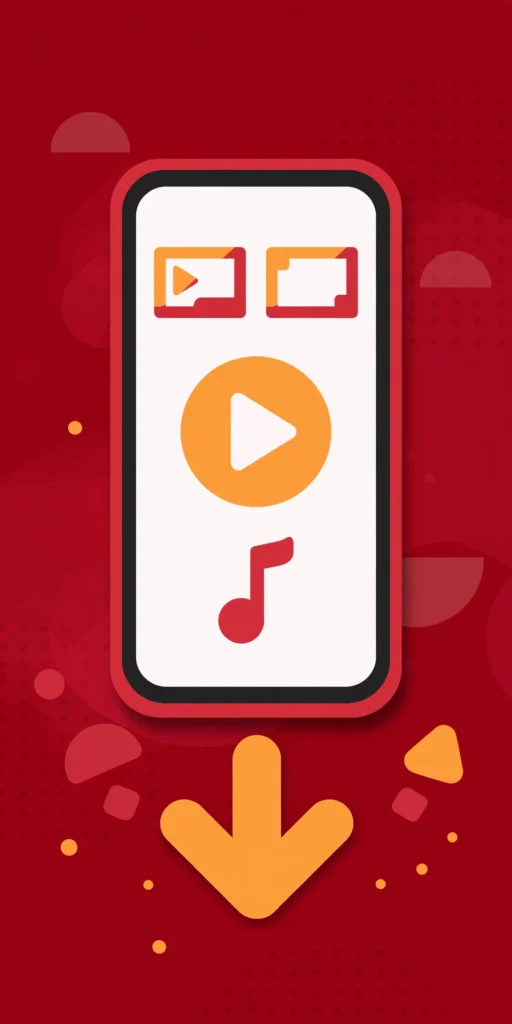 Android smartphone with video play, music, and download icons for VidMate APK download guide